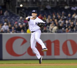 Derek Jeter throws out Nick Markakis with his classic jump-throw. Jeter has been the New York Yankees everyday shortstop for the last 19 seasons. He will be retiring at the end of 2014. Photo Credit: MCT Direct 