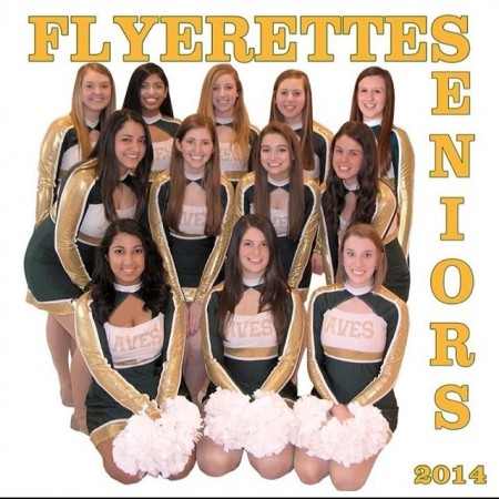 Flyerettes seniors: top row, left to right: Abby Kremchek, Rupali Jain, Jen Hill, Sam Weiss, and Megan Crone. Middle row: Gaby Godinez, Rachel Klein, Faith Kaufman and Carly Lefton. Bottom row: Kika Chatterjee, Lauren Altemuehle, and Katie Pruitt. The team is responsible for replacing 12 girls graduating. With only seven left they will take on a bigger leadership role. Photo courtesy of Ashley McNamara.