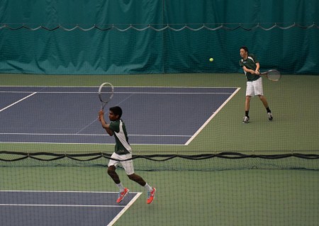 Nakul Narendran, 11, and Alex Taylor, 10 clinched the first two singles points. Then, both doubles teams won, clinching the victory for SHS. The match was played indoors due to rain at Mercy Fairfield Healthplex. Photo courtesy of Joe and Linda Stern.