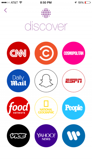 This is Discover, part of the new 9.0.2 update on Snapchat. Users can tap on each logo and see the latest news from that site. This news concept is completely new to Snapchat.
