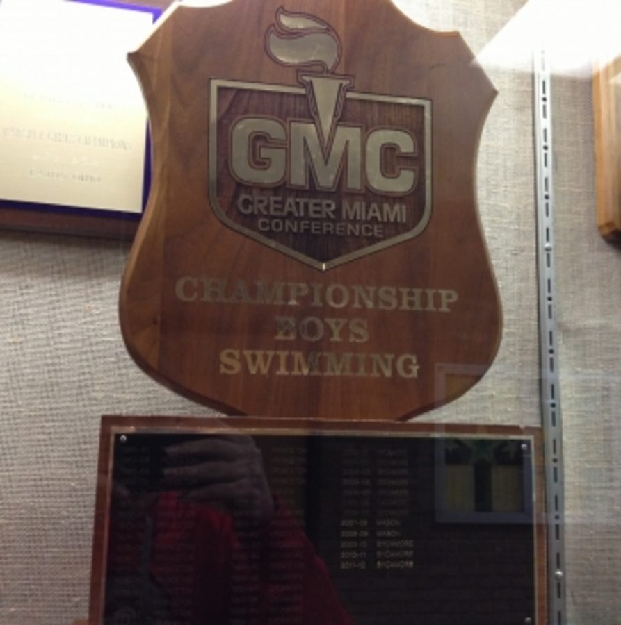 Photo of the Championship trophy that the boys swimming team won. Current the points for the trophy are 43. Sycamore is in 4th place behind Lakota East and West and Mason.  (Photo courtesy of Alex Wittenbaum)