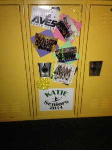 The locker of senior Flyerette Katie Pruitt is decorated on Mon. Feb. 10 in honor of senior night. The 12 senior lockers were decorated by the seven underclassmen. Coach McNamara and underclassman brought the materials needed. Photo courtesy of Lauren Kurtzer.