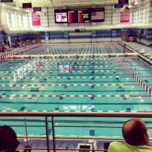 The Miami pool features two separate pools during the short course season. One pool is for competition and the other is for warming up and warming down in. The district meet was held here from February 14 -15, 2014. Photo Courtesy: Grace Deng