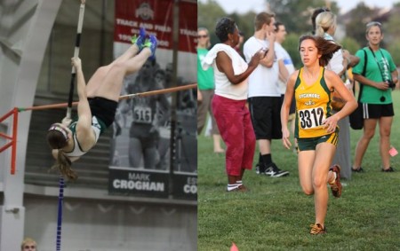 Rose Menyhert (left), 11, sprints to finish her 3200 meter run while Victoria Swart (right), 11, pole vaults. They competed in the Ohio Indoor Track State Meet on Mar. 8. Menyhert placed third, while Swart placed fourteenth. Photo courtesy of Jeremy McDaniel and Sconlon