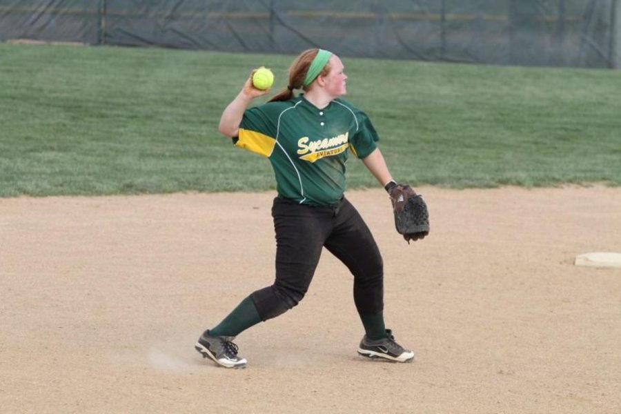 During practice the players always work on in field drills. They work on them in worm ups and when the coaches are hitting balls to them. Kelly Borman, 12 was able to field this ball and make a great play. Photo courtesy of McDaniel’s photography.