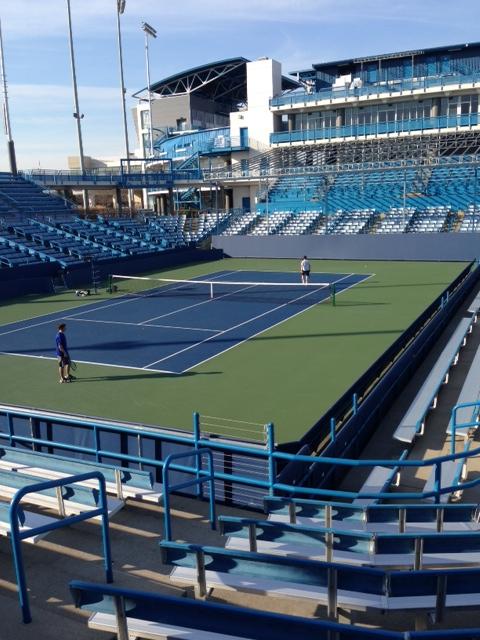 Jacob Habib, 10, is playing on the second to largest stadium court in the park. This court is known as “The Grand Stand,” and has been played on by some of the top players in the world. This photo was taken on Tues., the nicest day of tryouts, with temperatures up to 72°. (IMAGE BY JACK LOON)