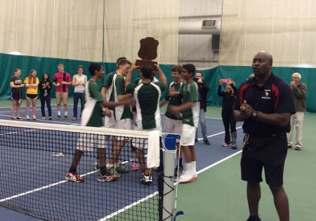 The team celebrates with the GMC Trophy. 2014 is the first year since 2011 that SHS has won the title. The team will compete in sectionals before playing Springboro in the State Tournament on May 14. Photo courtesy of Joe and Linda Stern.