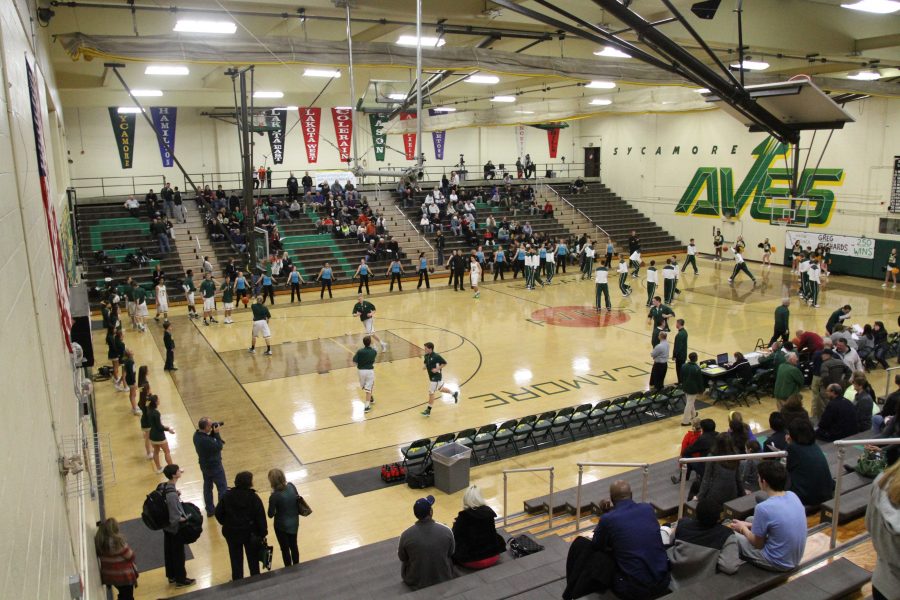 During warm-ups for the Varsity basketball game between Mason and Sycamore on Dec. 20, the Flyerettes perform their sidelines.  The 19 team members go along one side of the basketball court. This line will shrink to 14 next year. Photo courtesy of MCD Photo.
