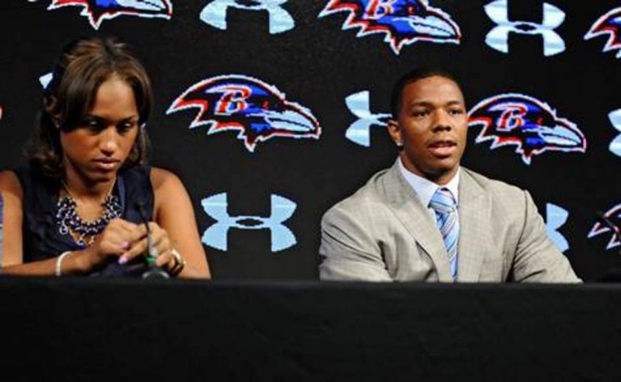 Ray Rice and his now wife Janay Palmer hold a press conference. Controversy over this case stems from the pair but also from the NFL itself. Other documented abuse cases in the past have been handled poorly as well.  