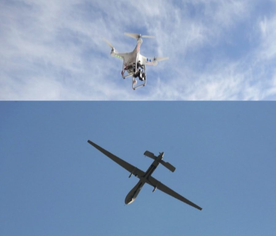 Shown above are two different types of drones, side by side, the warring and ‘suburban’ kind. One is used to kill, the other used for entertainment or just taking photographs and video.