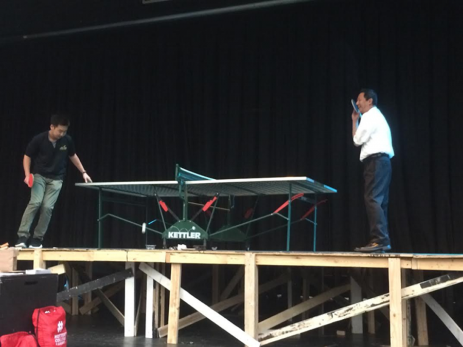 University of Cincinnati (UC) President Santa J. Ono plays ping-pong against senior Joseph Ahn. Ono attended all three bells of lunch today to publicize UC and interact with students. An admissions officer and the Bearcat were also in attendance. 
