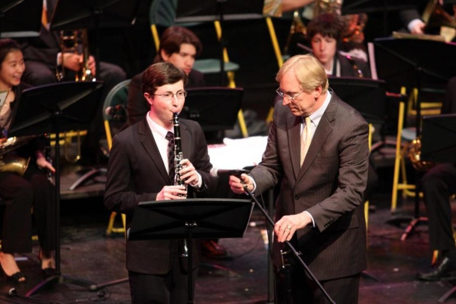 Senior Noah Pittinger plays a solo on clarinet. The picture was taken at the Sycamore Jazz concert last year. He played in the jazz band in previous years in addition to this one.