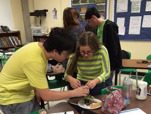 Senior Eli Seidman-Deutsch and sophmore Lauren Kurtzer build a candy Sukkah. The competition for the candy sukkah was to see who can be the most creative. The winner was Emily Willis, and her prize was an Israeli chocolate bar