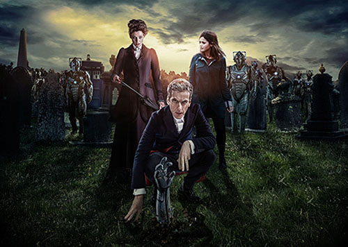 Promotional image for “Doctor Who” season finale, “Death in Heaven”. Featured in the picture are Peter Capaldi as The Doctor, Michelle Gomez as Missy/The Master, and Jenna Louise-Coleman as companion Clara Oswald. The graveyard in the background is the location of the episode’s final showdown.