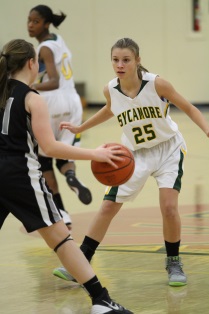 Flavin plays defense against her opponent. Flavin has struggled with shin splints and ankle problems this year. She wears shin sleeves and an ankle brace to help prevent further injury. Photo by McDaniel’s photography. 