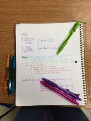 Using different colors when taking notes can help you organize the information easier. You could make important vocab one color and people’s names another so the information stands out. Also, by using different colors you can enjoy being creative with the color schemes you choose to use for an assignment. 