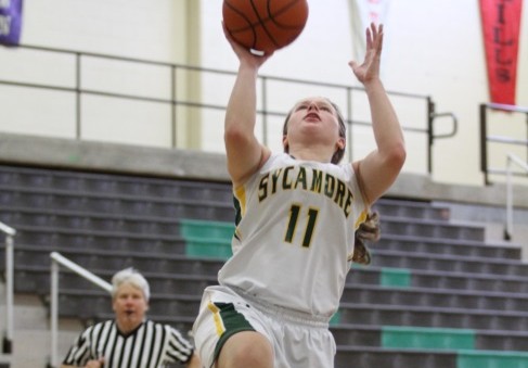 Junior Haley Rayburn makes a jump shot on the hoop. The hard work and dedication of the young athlete are beneficial for her to score. The countless hours in practice and the weight room pay of as she scores. 