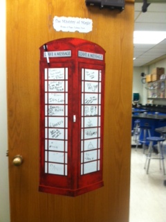 Mrs. Margaret Stone has a great love for the Potter series. A copy of the telephone box used to enter the ministry of magic is displayed on her door. Students write fun comments pertaining to the series on it.