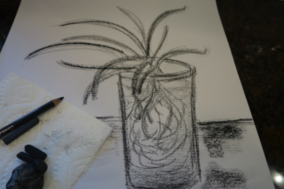 Charcoal, using a reverse technique, drawing with an eraser