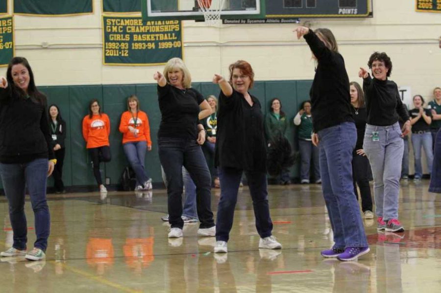 A group of female teachers danced to a parody of Shake it off by Taylor Swift. The parody was about teaching and students texting in class. The performance was choreographed by art teacher Elise Williams.