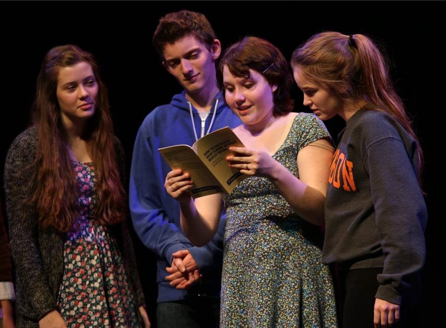 Jill (junior Amara Clough), Missy (junior Alex Lucken), Hunter (senior Paul Phillips), and Dawn (junior Shelby Scaffidi) read a scandalous play in hopes of abandoning their overly sanitized one given by Miss Hockenschmoss.
