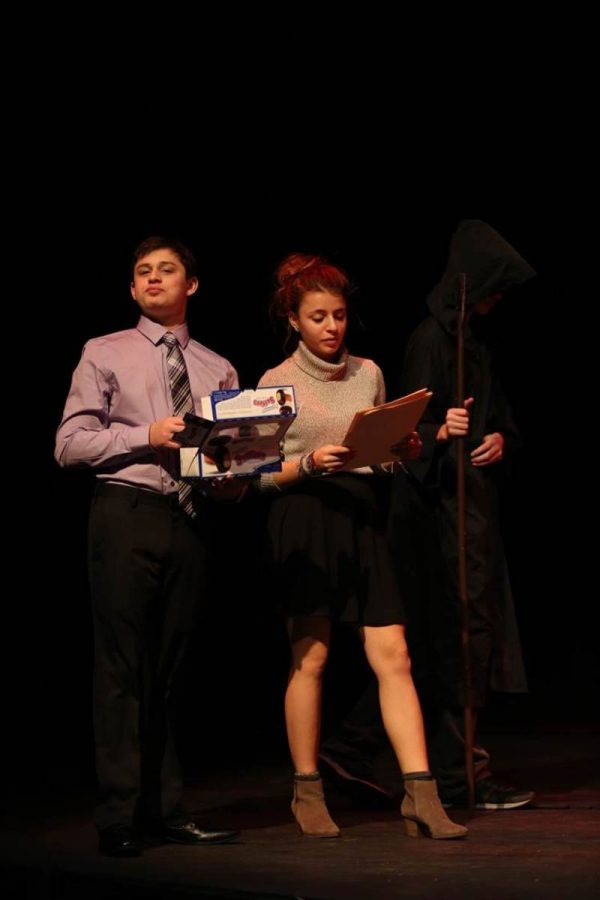 The “judges” of the titular competition. From left to right is the harsh and over-critical Dr. Albert Siskell-Ebert played by junior Josh Pelberg, religious ex- pageant queen Miss Matilda Meeks played by sophomore Cagla Akcadag, and the mysterious figure known only as Judge 3 played by junior Max Poff.
