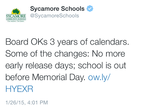 The Sycamore Community schools twitter tweets some startling news for students. The academic calendars have been changed. These new changes will be effective in the 15-16 school year.