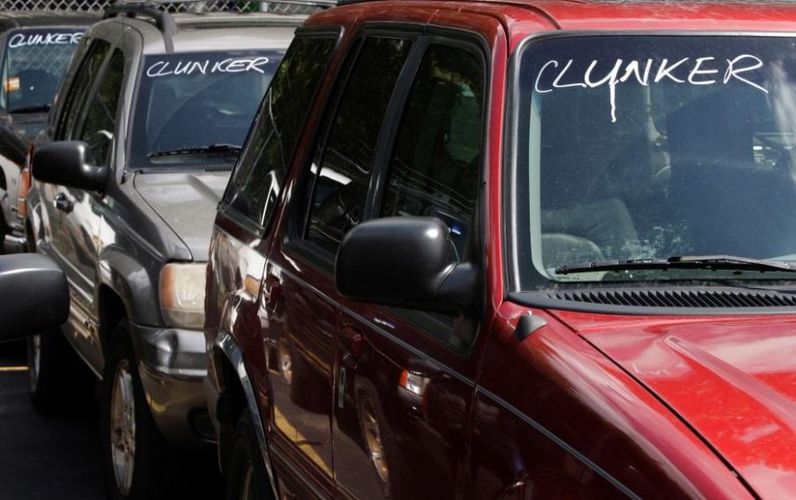  A row of Chrysler jeeps with the word “Clunker” written on the windshields at a local car dealership trying to sell the older Cherokee models. These models are unaffected by the recall as they do not have the same airbag systems.