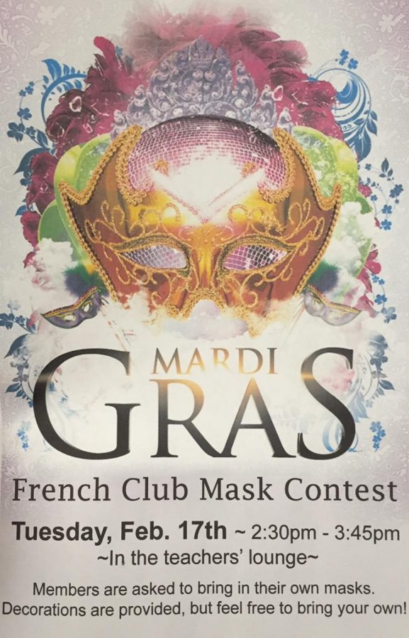 French club will be holding their annual Mardi Gras celebration on Feb. 17. They will be decorating Mardi Gras masks that will be judged at the end of the meeting. Anyone is welcome as long as you bring a mask and 10 dollars.