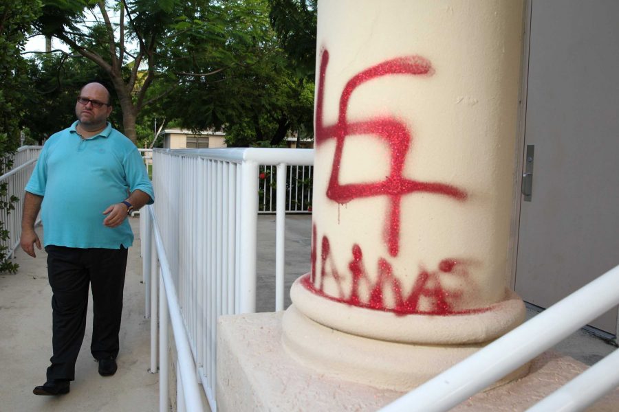 A swastika drawn on a Miami synagogue. This kind of vandalism is highly common, especially in the American south. Nazi symbology has found its way into religious centers, homes, and even schools. 
