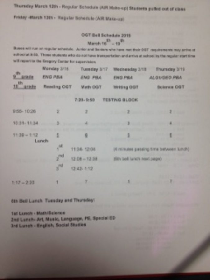 The schedule during the second week of testing will be as shown here. Students not taking the test for that day will not be given an option to come to school late after the completion of the testing block. 