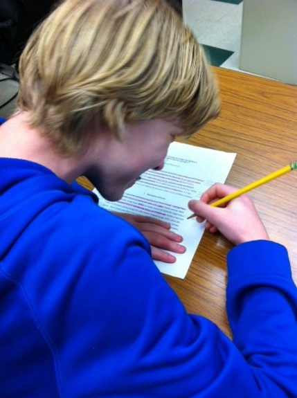 Freshman Adam Meller works on his Moot Court assignment. Since all teams must turn in a legal brief in April before the competition date itself, teams are on a tight schedule to become familiar with the material. “We have to write eight briefs all by the Monday we get back from spring break. Clubs like this are a ton of work,” Meller said.