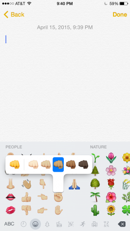 This screenshot shows how you can now choose six different skin colors to use for your Emojis. This is possible because of the new Apple iOS 8.3 update. The picture also shows the new Emoji keyboard, also new with the update. (PHOTO BY JACK LOON)