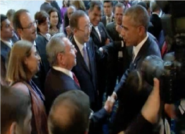 (Courtesy of MCT campus) The second time Cuban President Raul Castro (center left) and President Obama (center right) have shaken hands during the Summit meeting. It is said that the meeting was very cordial and warm between the two, Castro even defending President Obama in certain arguments directed at him. Both Presidents seem willing to open embassies and strengthen ties.
