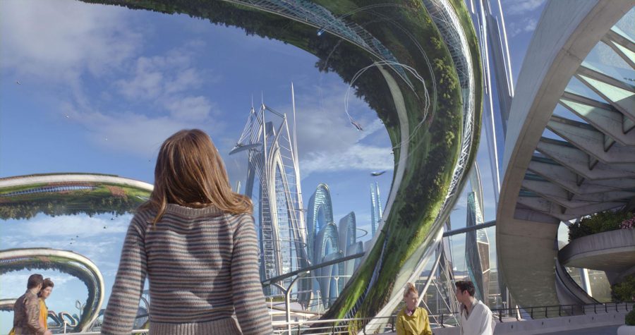 The world of “Tomorrowland” is explored. The city design is based on the park and retro-futuristic art. The city contains Easter eggs in the background such as Space Mountain.