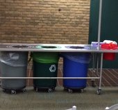 This is one of the couple waste stations you will find around the commons. Each color corresponds with what types of items are the proper ones to toss in the bin. These stations are placed on two separate ends of the commons. 
