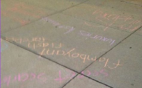 Students getting off of the bus were quite surprised with what they saw.  Throughout the concrete walkway to the athletic wing, there was chalk.  Some of it was quite colorful, and all seemed pretty well intentioned and humorous.  Sophomore Gabby Yunsaid”It was really funny, but it really didn’t make any sense.”  .   