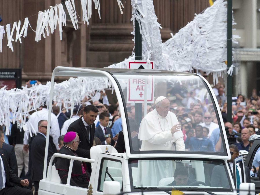 During each of his stops the Pope is paraded through the streets. The car he does this in has been nick named the Pope mobile. During each parade he waved at those who have come to see him.