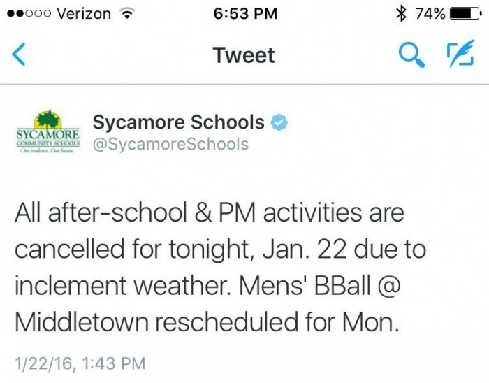 To be safe, after school activities were cancelled on Jan. 22.  Most controversially, Battle of the Sibs had to be rescheduled for Jan. 27.
