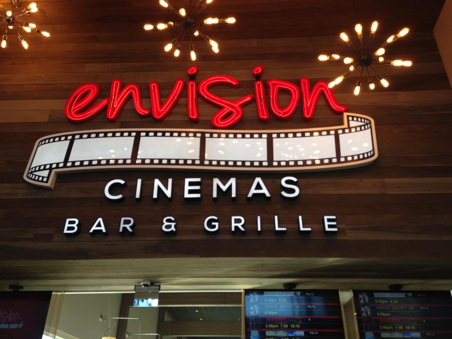This is the first thing you see when you walk in the doors of Envision. The light fixtures and sign above the box office as well as a kinetic wall sculpture immediately indicate that this theater goes a step beyond the norm. Their passion for the movie-going experience is also shown in the many minimalistic classic film posters around the theater.
