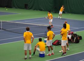 Alex Karev and Regis Liou play doubles against Massillon Jackson. The duo were down a set early but ended up pulling the match out, winning 6-7,6-4, 6-3. Although it was a hard fought victory for the team, SHS just fell short to Jackson losing 2-3. 