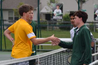 Senior Alex Taylor and junior Noah Stern play against Mason’s freshman Niraj Komatineni and senior Sean Reid. Taylor and Stern won the match 6-0, 6-2, capturing the Sectionals Tournament title. They will be the first seeds going into the Districts Tournament. 