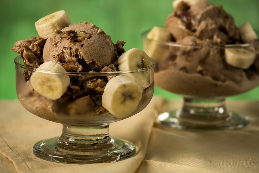 Nice cream is the vegan version of ice cream. It is made of blended bananas and a multitude of other flavorings. The dairy-free dessert can be topped with fruit such as bananas or raspberries.