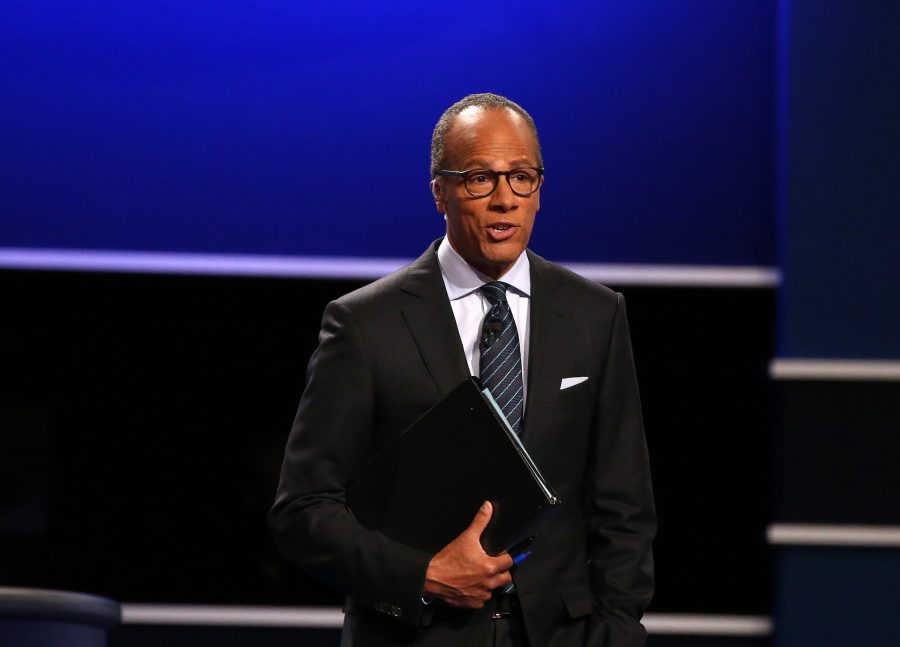 Moderator+Lester+Holt+presented+the+three+main+topics+of+the+night.+He+also+asked+each+candidate+specific+questions+relating+each+topic.+Holt+anchors+the+weekday+edition+of+NBC+Nightly+News.