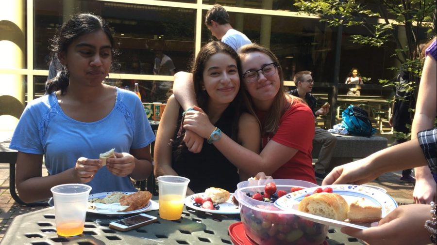 Juniors Yasmine Guedira and Taylor Close enjoy the French Club Picnic. Students brought foods like baguettes, cheese, fresh fruit, macaroons and more. French Club meets various times throughout the year for similar activities. 