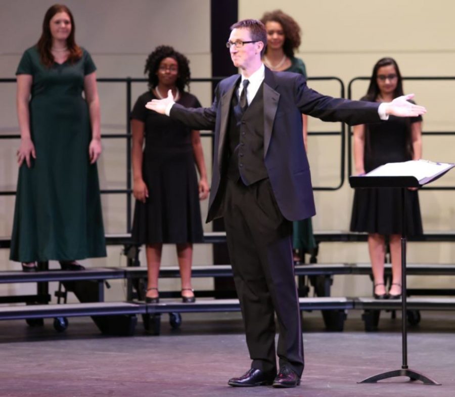 Take a bow. Top Left: Elizabeth Geraci, Kennedy Byrd, Olivia, Simran Bhola, Zarria Gray, Nathalie Delegado. Front: Mr. Ken Hodlt. The choir winter concert was held Tues. Dec. 5 and the all girls choir was the third to perform. Photo courtesy of McDaniels Photography.