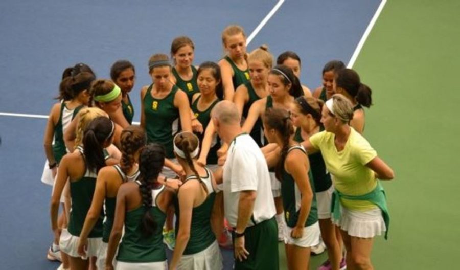 BRING IT IN. The girl’s tennis team work together in order to get their jobs done. In tennis cheering each other on and knowing all of the startegies is key because you need to know each other and have a good mental focus during a match. Coach Mike Teets does an amazing job leading the group and bringing them together.