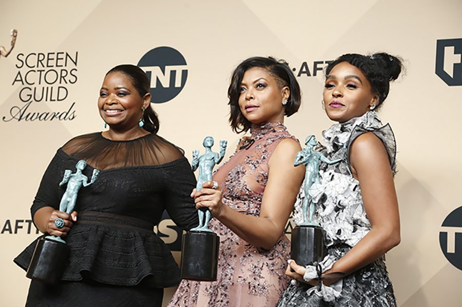 Octavia Spencer, Taraji P. Henson, and Janelle Monae, the stars of Hidden Figures, pose with their awards. The actresses were backstage the 23rd Annual Screen Actors Guild Awards on Sunday, Jan. 29, 2017. 
Spencer (left) played Dorothy Vaughan in the award- winning movie.