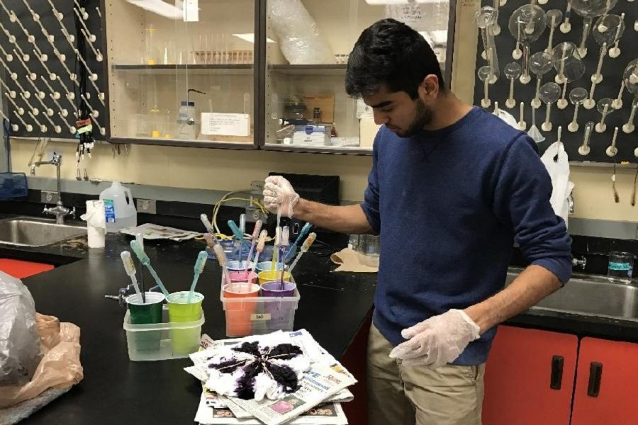 COLOR. Junior Rishav Dasgupta creates his yellow and purple scrunched shirt design for the annual Tie-Dye Day. Students in all chemistry classes were given the opportunity to create their own tie-dye designs. On a future date, they will all show off their work with the annual Tie-Dye group picture.