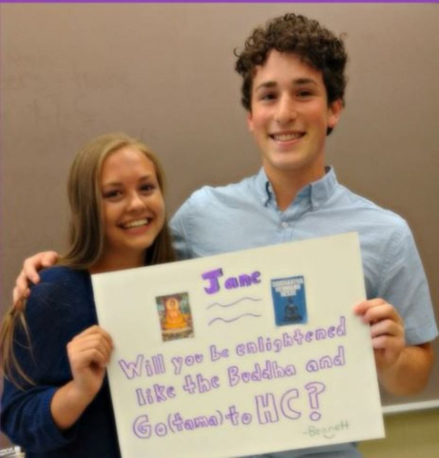 SMILE. Senior Bennett Heyn asked senior Jane Lundgren to homecoming with a poster based off of the English class read. Spirit Week reminded homecoming goers to get ready for the dance and to make sure they have their plans laid out. “Homecoming proposals are so cute, and it’s always fun to see all the posters,” Zou said.